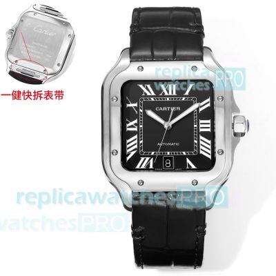 THB Factory Swiss Copy Santos De Cartier 39.8mm Black Dial Leather Strap Watch 